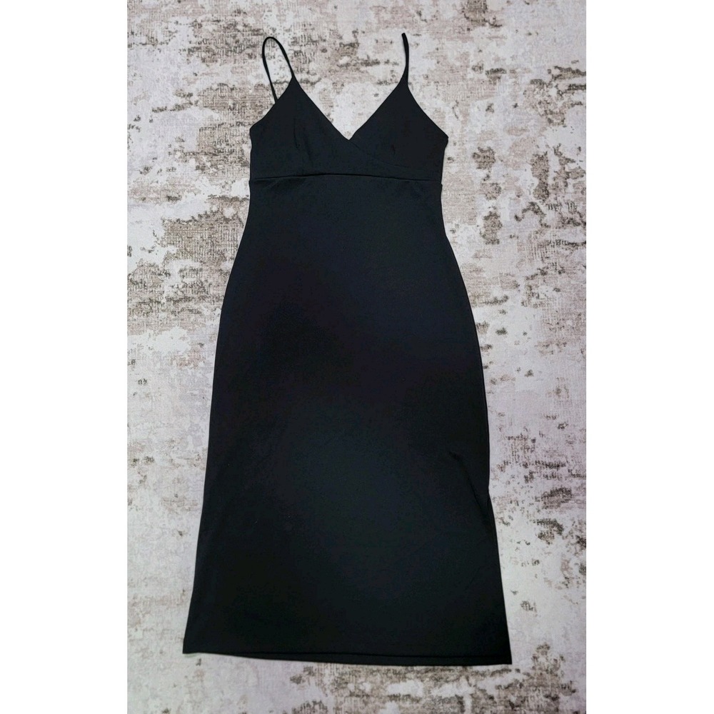 VTG Y2K Black Bodycon Slip Dress Stretch Spaghetti Strap Side Slit Midi Size S